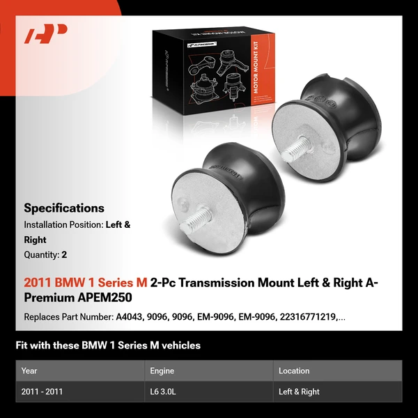 2011 BMW 1 Series M 2-Pc Transmission Mount Left & Right A-Premium APEM250
