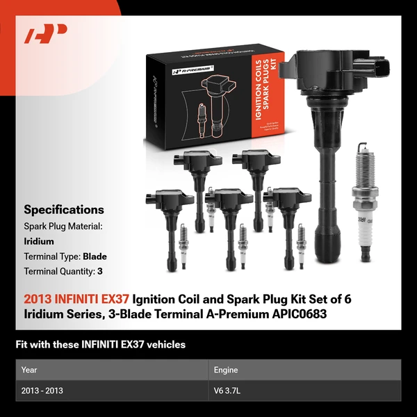 2013 INFINITI EX37 Ignition Coil and Spark Plug Kit Set of 12 Iridium Series, 3-Blade Terminal A-Premium APIC0683