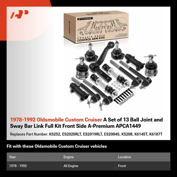 1978-1992 Oldsmobile Custom Cruiser A Set of 13 Ball Joint and Sway Bar Link Full Kit Front Side A-Premium APCA1449