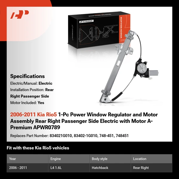 2006-2011 Kia Rio5 1-Pc Power Window Regulator and Motor Assembly Rear Right Passenger Side Electric with Motor A-Premium APWR0789