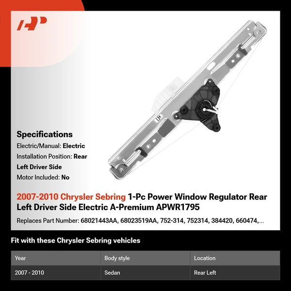 2007-2010 Chrysler Sebring 1-Pc Power Window Regulator Rear Left Driver Side Electric A-Premium APWR1795