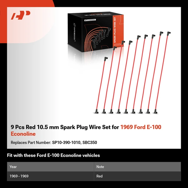 9 Pcs Red 10.5 mm Spark Plug Wire Set for 1969 Ford E-100 Econoline