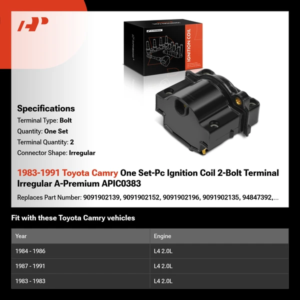 1983-1991 Toyota Camry One Set-Pc Ignition Coil 2-Bolt Terminal Irregular A-Premium APIC0383