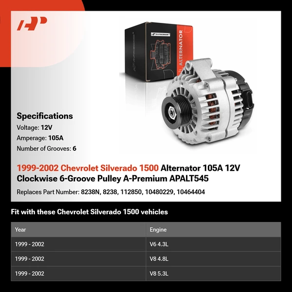 1999-2002 Chevrolet Silverado 1500 Alternator 105A 12V Clockwise 6-Groove Pulley A-Premium APALT545