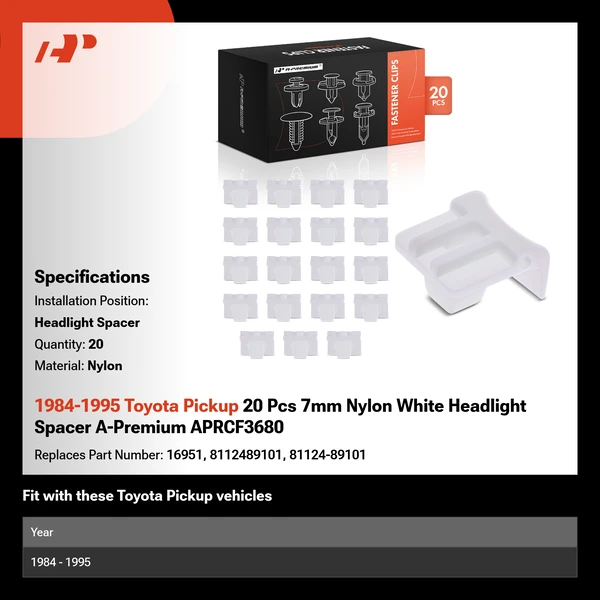 1984-1995 Toyota Pickup 20 Pcs 7mm Nylon White Headlight Spacer A-Premium APRCF3680