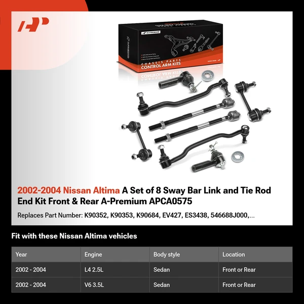 2002-2004 Nissan Altima A Set of 8 Sway Bar Link and Tie Rod End Kit Front & Rear A-Premium APCA0575