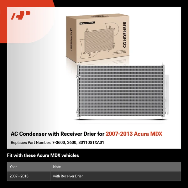 AC Condenser with Receiver Drier for 2007-2013 Acura MDX