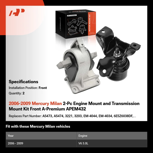 2006-2009 Mercury Milan 2-Pc Engine Mount and Transmission Mount Kit Front A-Premium APEM432