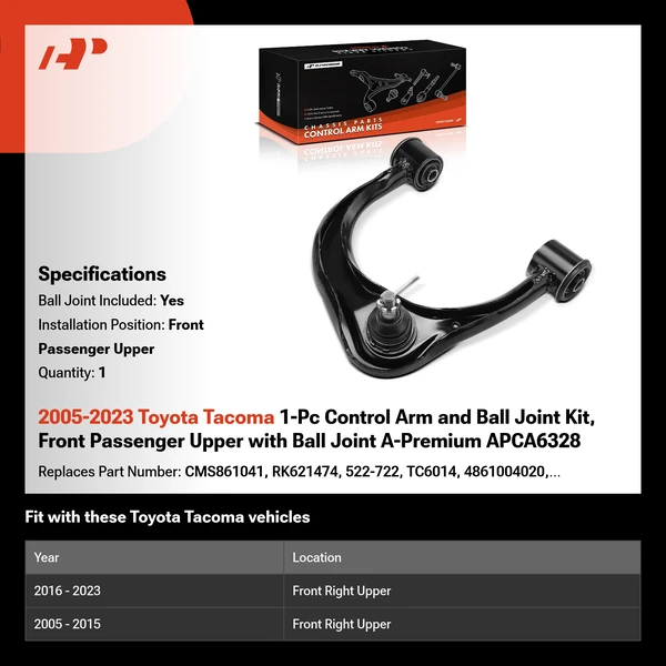 2005-2023 Toyota Tacoma 1-Pc Control Arm and Ball Joint Kit, Front Passenger Upper with Ball Joint A-Premium APCA6328