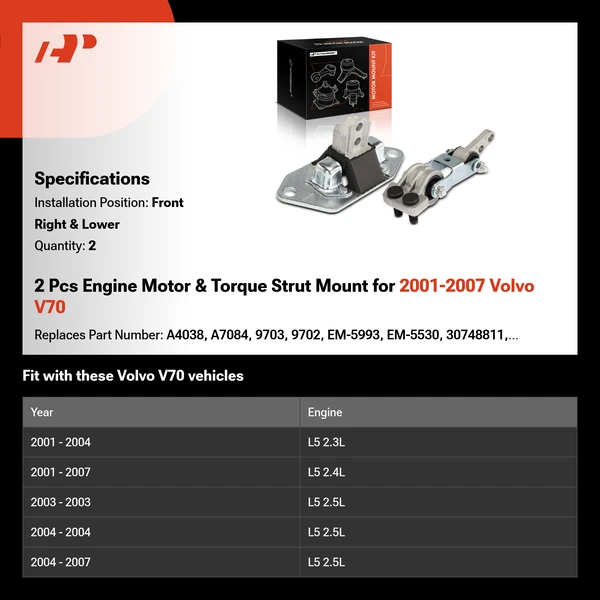 2 Pcs Engine Motor & Torque Strut Mount for 2001-2007 Volvo V70