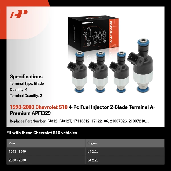 1998-2000 Chevrolet S10 4-Pc Fuel Injector 2-Blade Terminal A-Premium APFI329