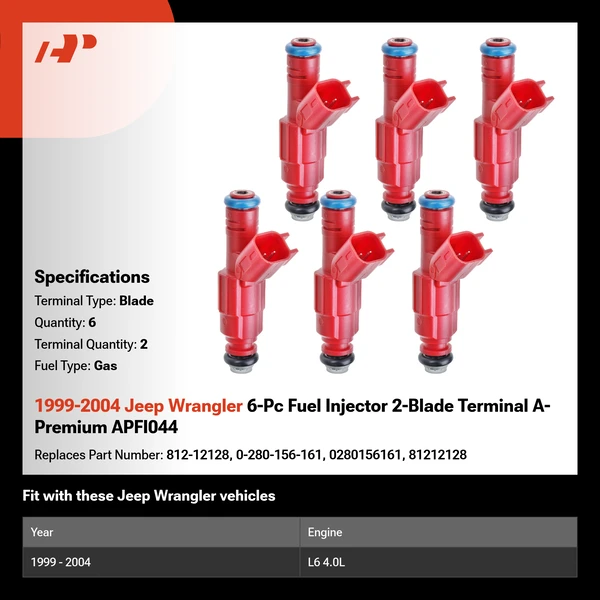 1999-2004 Jeep Wrangler 6-Pc Fuel Injector 2-Blade Terminal A-Premium APFI044