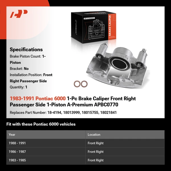 1983-1991 Pontiac 6000 1-Pc Brake Caliper Front Right Passenger Side 1-Piston A-Premium APBC0770