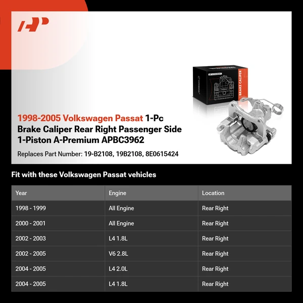 1998-2005 Volkswagen Passat 1-Pc Brake Caliper Rear Right Passenger Side 1-Piston A-Premium APBC3962