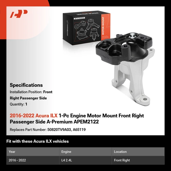 2016-2022 Acura ILX 1-Pc Engine Motor Mount Front Right Passenger Side A-Premium APEM2122