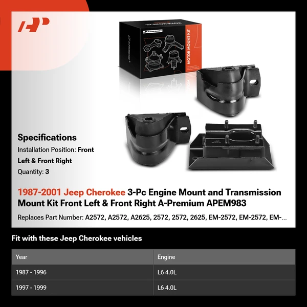 1987-2001 Jeep Cherokee 3-Pc Engine Mount and Transmission Mount Kit Front Left & Front Right A-Premium APEM983