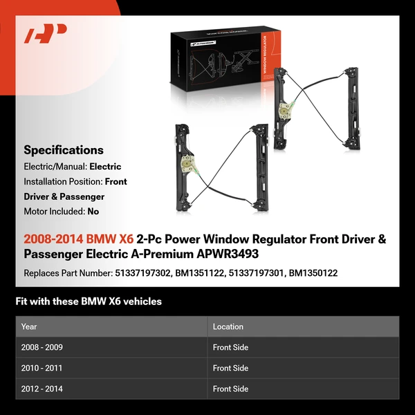 2008-2014 BMW X6 2-Pc Power Window Regulator Front Driver & Passenger Electric A-Premium APWR3493