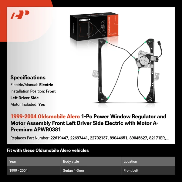 1999-2004 Oldsmobile Alero 1-Pc Power Window Regulator and Motor Assembly Front Left Driver Side Electric with Motor A-Premium APWR0381