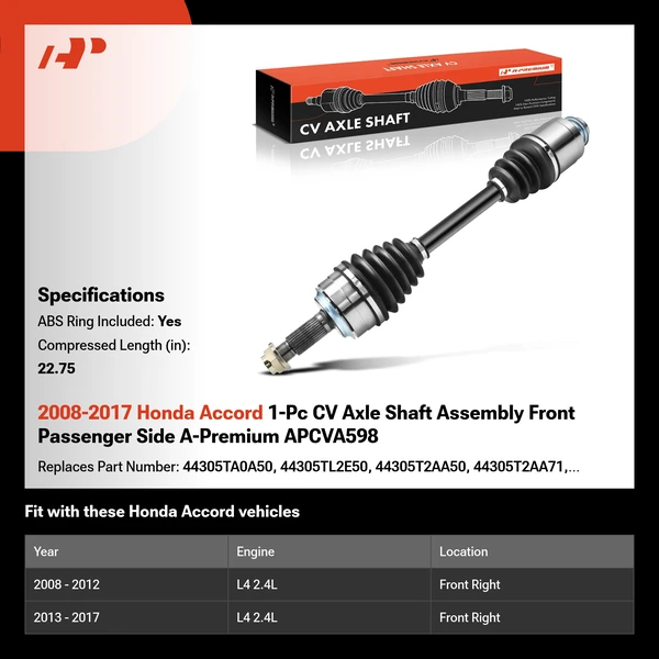 2008-2017 Honda Accord 1-Pc CV Axle Shaft Assembly Front Passenger Side A-Premium APCVA598