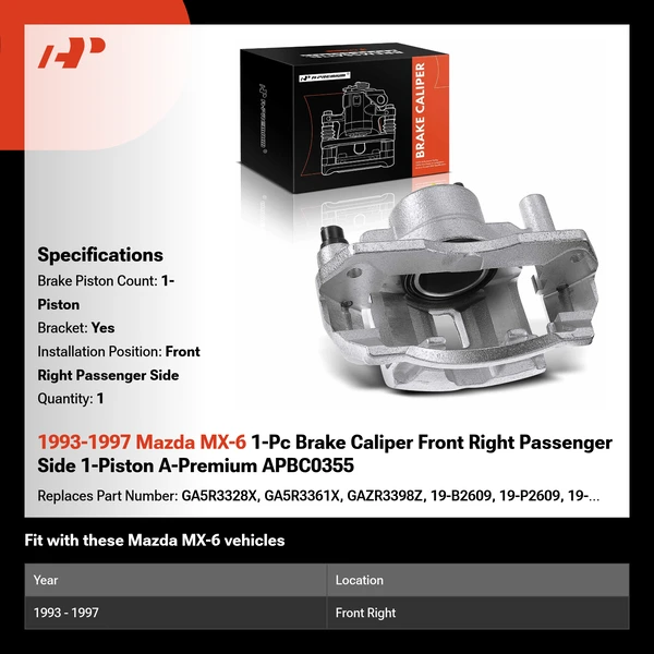 1993-1997 Mazda MX-6 1-Pc Brake Caliper Front Right Passenger Side 1-Piston A-Premium APBC0355