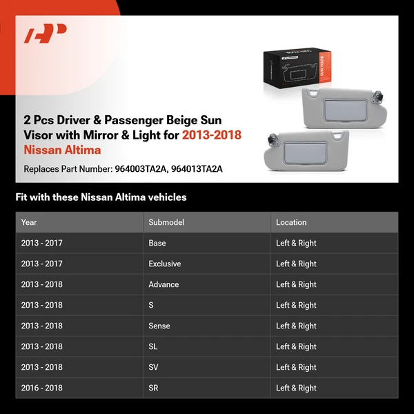 2 Pcs Driver & Passenger Beige Sun Visor with Mirror & Light for 2013-2018 Nissan Altima