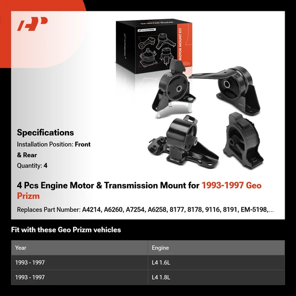 4 Pcs Engine Motor & Transmission Mount for 1993-1997 Geo Prizm