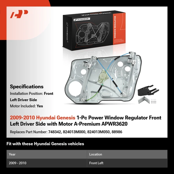 2009-2010 Hyundai Genesis 1-Pc Power Window Regulator Front Left Driver Side with Motor A-Premium APWR3620