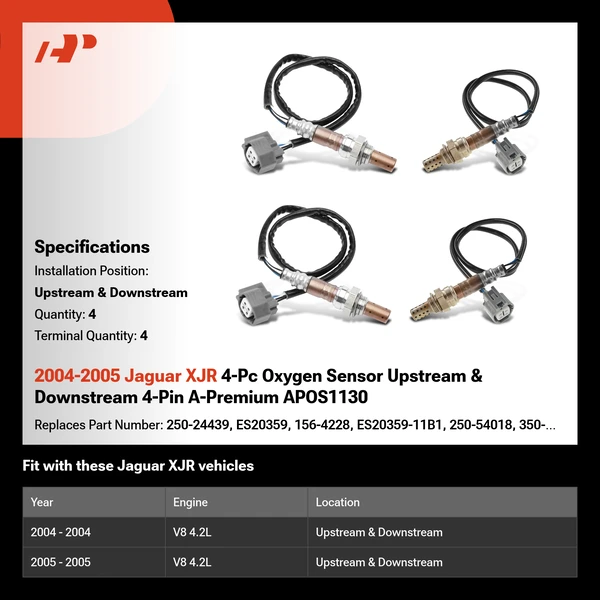 2004-2005 Jaguar XJR 4-Pc Oxygen Sensor Upstream & Downstream 4-Pin A-Premium APOS1130