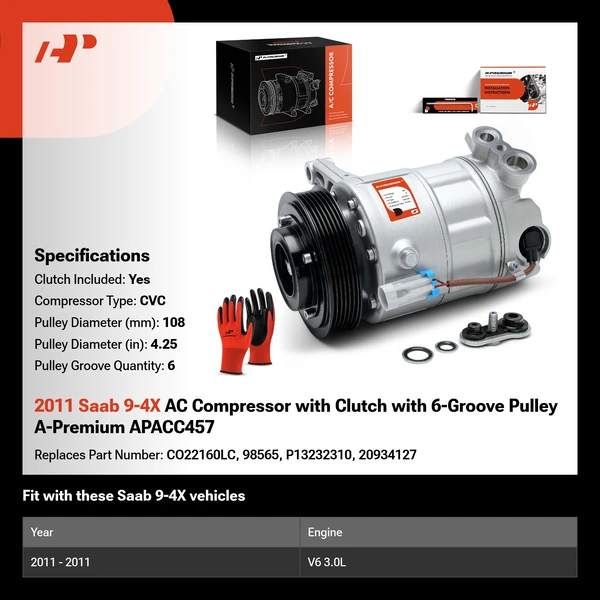 2011 Saab 9-4X AC Compressor with Clutch with 6-Groove Pulley A-Premium APACC457