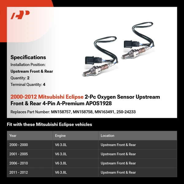 2000-2012 Mitsubishi Eclipse 2-Pc Oxygen Sensor Upstream Front & Rear 4-Pin A-Premium APOS1928