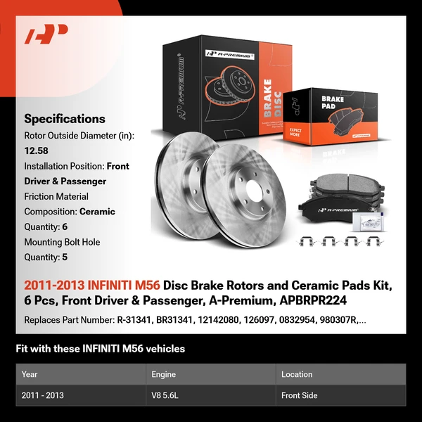 2011-2013 INFINITI M56 Disc Brake Rotors and Ceramic Pads Kit, 6 Pcs, Front Driver & Passenger, A-Premium, APBRPR224