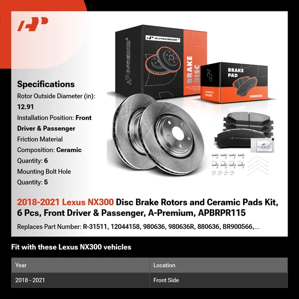 2018-2021 Lexus NX300 Disc Brake Rotors and Ceramic Pads Kit, 6 Pcs, Front Driver & Passenger, A-Premium, APBRPR115