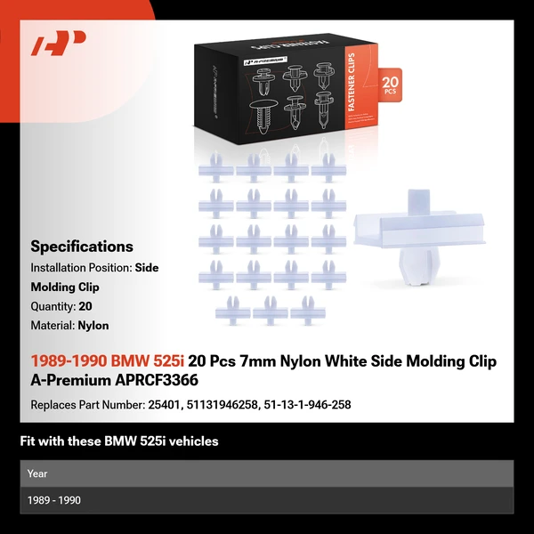 1989-1990 BMW 525i 20 Pcs 7mm Nylon White Side Molding Clip A-Premium APRCF3366
