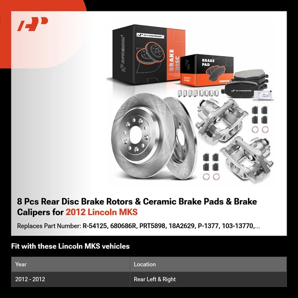 8 Pcs Rear Disc Brake Rotors & Ceramic Brake Pads & Brake Calipers for 2012 Lincoln MKS