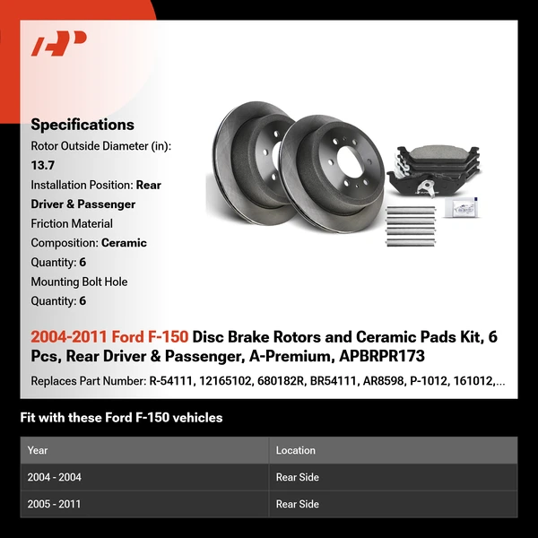 2004-2011 Ford F-150 Disc Brake Rotors and Ceramic Pads Kit, 6 Pcs, Rear Driver & Passenger, A-Premium, APBRPR173