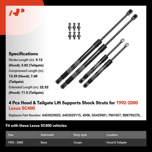 4 Pcs Hood & Tailgate Lift Supports Shock Struts for 1992-2000 Lexus SC400