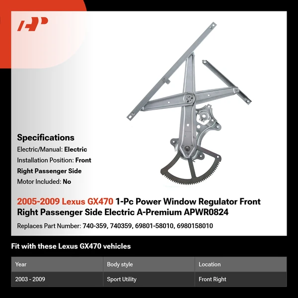 2005-2009 Lexus GX470 1-Pc Power Window Regulator Front Right Passenger Side Electric A-Premium APWR0824