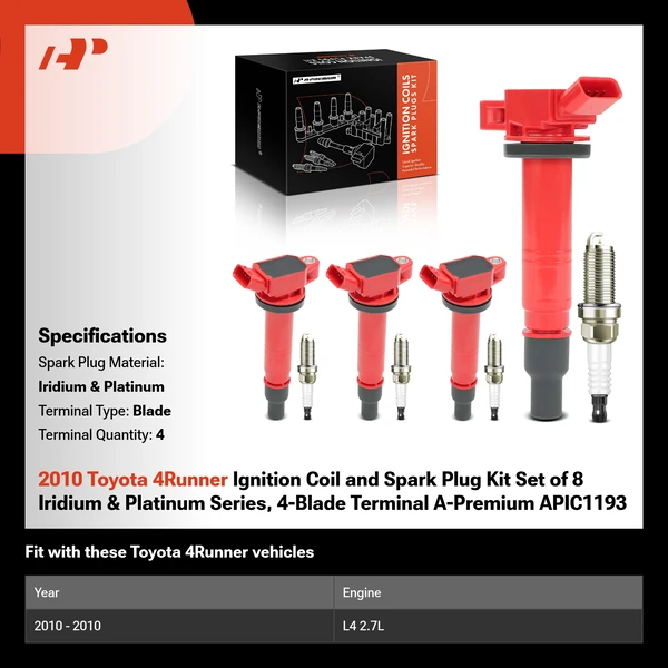 2010 Toyota 4Runner Ignition Coil and Spark Plug Kit Set of 8 Iridium & Platinum Series, 4-Blade Terminal A-Premium APIC1193
