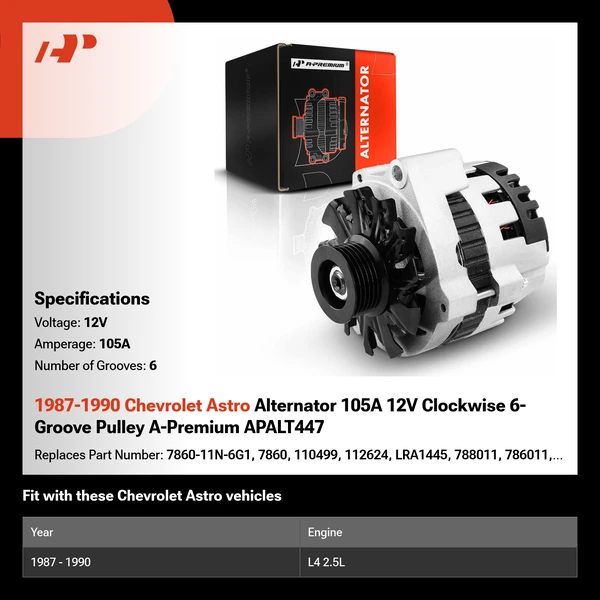 1987-1990 Chevrolet Astro Alternator 105A 12V Clockwise 6-Groove Pulley A-Premium APALT447