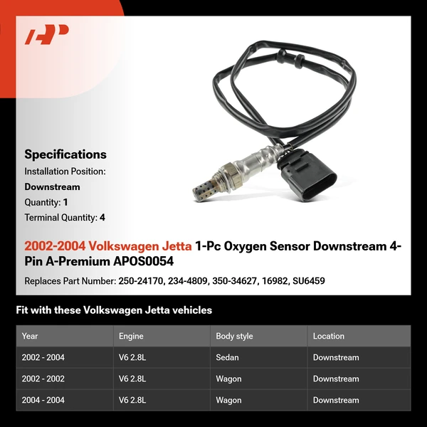 2002-2004 Volkswagen Jetta 1-Pc Oxygen Sensor Downstream 4-Pin A-Premium APOS0054