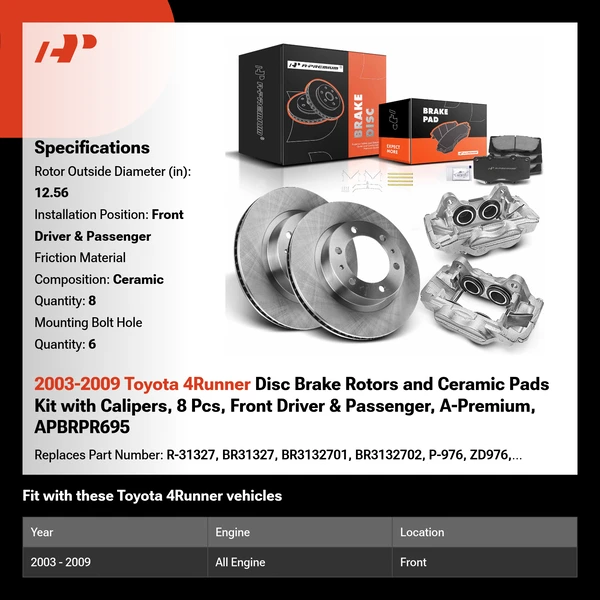 2003-2009 Toyota 4Runner Disc Brake Rotors and Ceramic Pads Kit with Calipers, 8 Pcs, Front Driver & Passenger, A-Premium, APBRPR695
