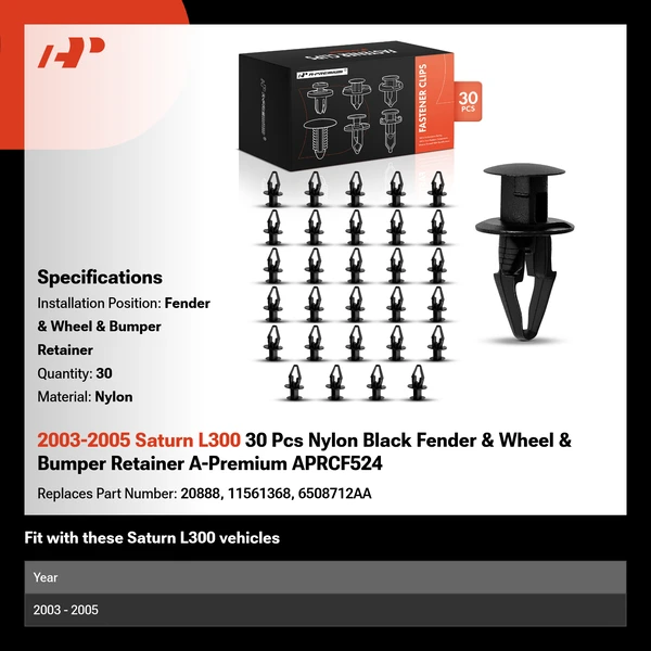 2003-2005 Saturn L300 30 Pcs Nylon Black Fender & Wheel & Bumper Retainer A-Premium APRCF524