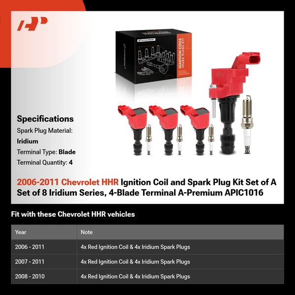 2006-2011 Chevrolet HHR Ignition Coil and Spark Plug Kit Set of A Set of 8 Iridium Series, 4-Blade Terminal A-Premium APIC1016