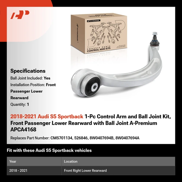 2018-2021 Audi S5 Sportback 1-Pc Control Arm and Ball Joint Kit, Front Passenger Lower Rearward with Ball Joint A-Premium APCA4168