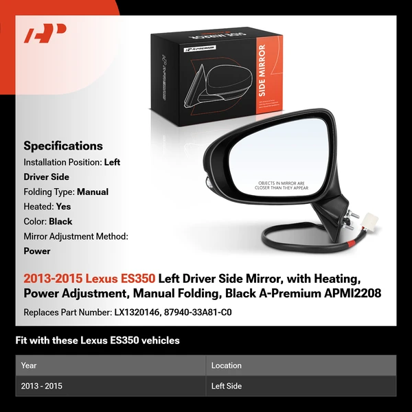 2013-2015 Lexus ES350 Left Driver Side Mirror, with Heating, Power Adjustment, Manual Folding, Black A-Premium APMI2208