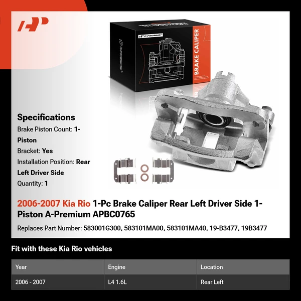 2006-2007 Kia Rio 1-Pc Brake Caliper Rear Left Driver Side 1-Piston A-Premium APBC0765