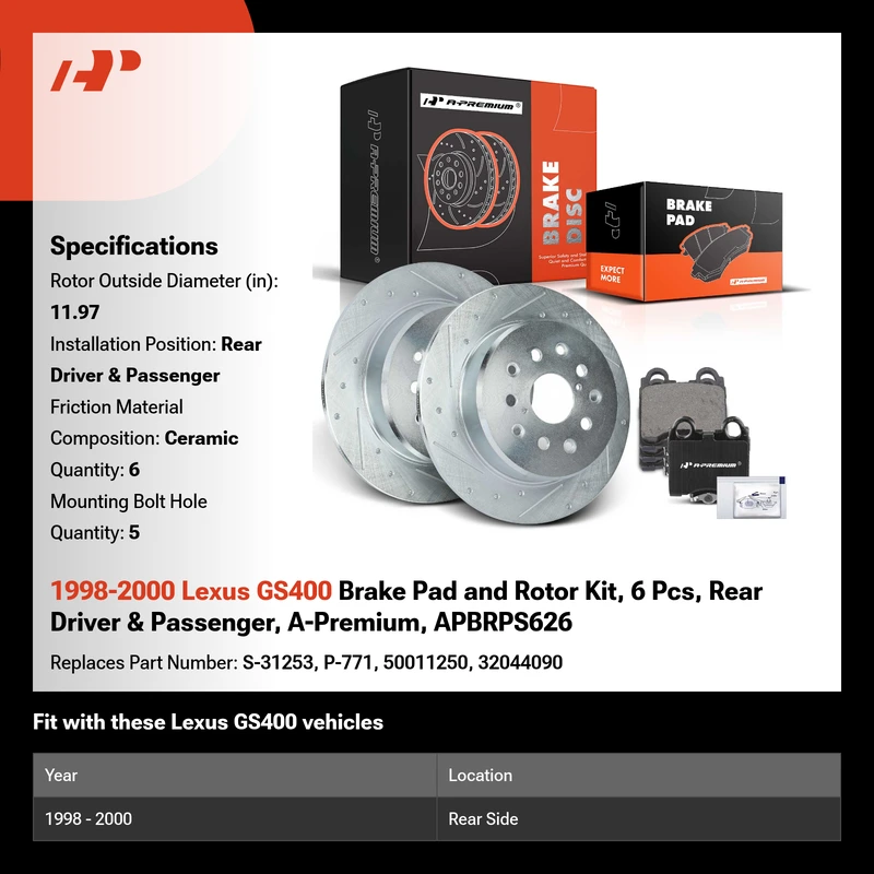1998-2000 Lexus GS400 Brake Pad and Rotor Kit, 6 Pcs, Rear Driver & Passenger, A-Premium, APBRPS626