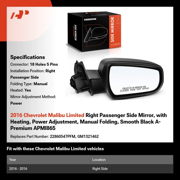 2016 Chevrolet Malibu Limited Right Passenger Side Mirror, with Heating, Power Adjustment, Manual Folding, Smooth Black A-Premium APMI865