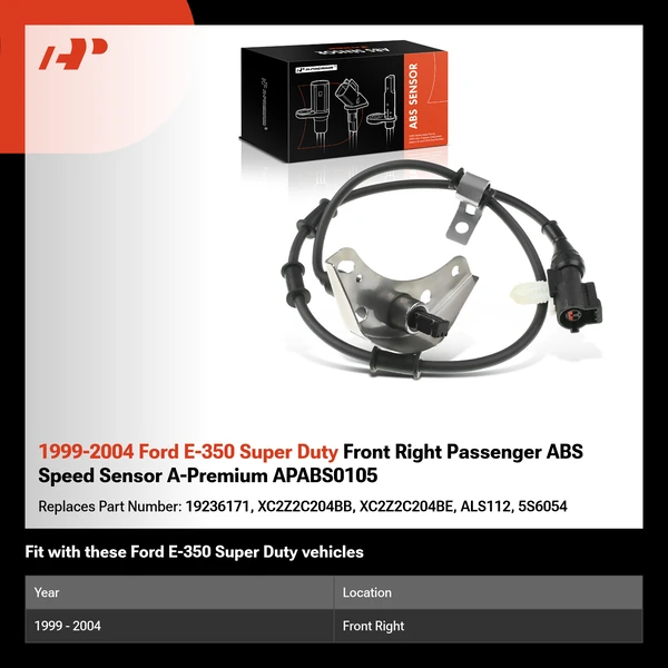 1999-2004 Ford E-350 Super Duty Front Right Passenger ABS Speed Sensor A-Premium APABS0105