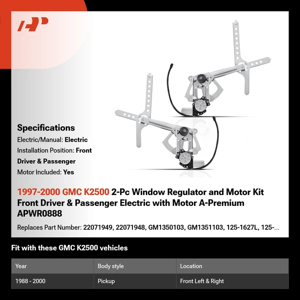 1997-2000 GMC K2500 2-Pc Window Regulator and Motor Kit Front Driver & Passenger Electric with Motor A-Premium APWR0888